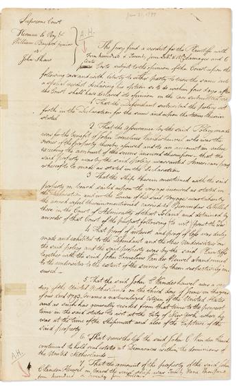 HAMILTON, ALEXANDER. Document Signed, Alexandr Hamilton / for Plaintiffs, with three additional lines in holograph, judgment of the S